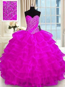 Wonderful Ruffled Ball Gowns Quinceanera Gown Fuchsia Sweetheart Organza Sleeveless Floor Length Lace Up