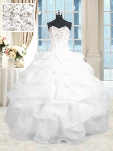 Simple White Organza Lace Up Sweet 16 Quinceanera Dress Sleeveless Floor Length Beading and Ruffles