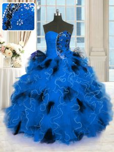 Nice Blue Tulle Lace Up Vestidos de Quinceanera Sleeveless Floor Length Beading and Ruffles