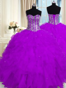 Cute Purple Ball Gowns Sweetheart Sleeveless Organza Floor Length Lace Up Beading and Ruffles Sweet 16 Dress