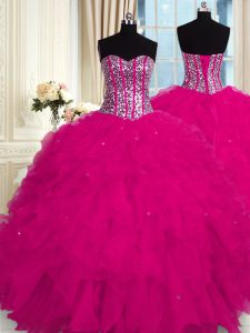 Exceptional Fuchsia Ball Gowns Beading and Ruffles Sweet 16 Dresses Lace Up Organza Sleeveless Floor Length
