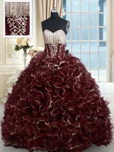 Brown Lace Up Quinceanera Gowns Beading and Ruffles Sleeveless With Brush Train