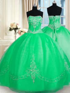 Green Lace Up Sweet 16 Quinceanera Dress Beading and Embroidery Sleeveless Floor Length