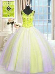 Sequins Ball Gowns Sweet 16 Dresses Multi-color V-neck Tulle Sleeveless Floor Length Lace Up