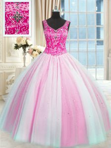 Floor Length Ball Gowns Sleeveless Baby Pink and Pink And White 15th Birthday Dress Lace Up