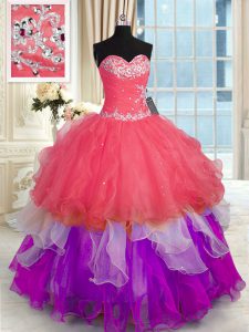 Sleeveless Floor Length Beading and Appliques Lace Up 15 Quinceanera Dress with Multi-color