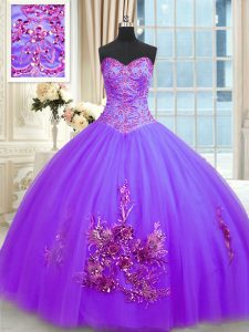 Modern Purple Ball Gowns Sweetheart Sleeveless Tulle Floor Length Lace Up Beading and Appliques and Embroidery 15 Quince