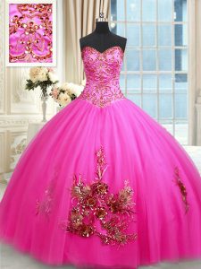 Sleeveless Floor Length Beading and Appliques and Embroidery Lace Up Quinceanera Dresses with Hot Pink