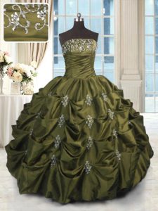 Sumptuous Olive Green Ball Gowns Beading and Appliques and Embroidery and Pick Ups Quince Ball Gowns Lace Up Taffeta Sle