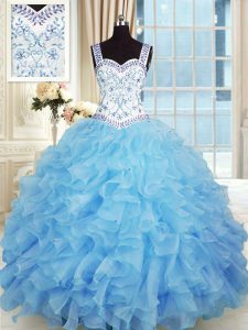 Fantastic Sleeveless Organza Floor Length Lace Up Sweet 16 Quinceanera Dress in Baby Blue with Beading and Appliques and