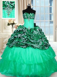 Free and Easy Printed Sleeveless Sweep Train Lace Up Beading and Ruffled Layers Sweet 16 Quinceanera Dress