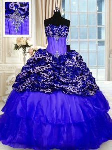 Elegant Royal Blue Organza and Printed Lace Up Sweetheart Sleeveless Ball Gown Prom Dress Sweep Train Beading and Ruffle