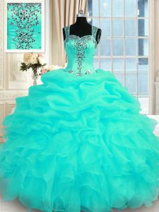 Graceful Floor Length Zipper Sweet 16 Dress Turquoise for Military Ball and Sweet 16 and Quinceanera with Beading and Ru