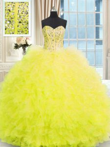 High Quality Light Yellow Tulle Lace Up Strapless Sleeveless Floor Length Quince Ball Gowns Beading and Ruffles