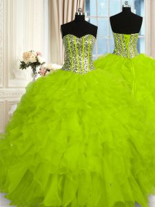 Floor Length Yellow Green Ball Gown Prom Dress Organza Sleeveless Beading and Ruffles