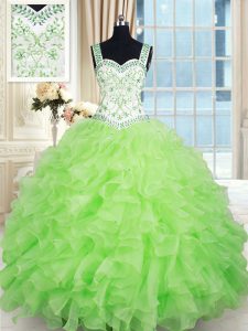 Free and Easy Yellow Green Sleeveless Floor Length Beading and Ruffles Lace Up Vestidos de Quinceanera