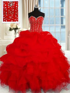 Wine Red Sleeveless Floor Length Beading and Ruffles Lace Up Sweet 16 Dress