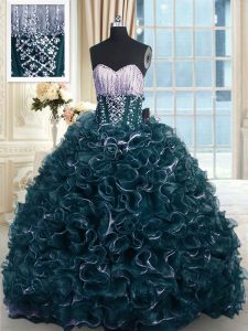 Custom Designed Sweetheart Sleeveless Quinceanera Dress With Brush Train Beading and Ruffles Teal Organza