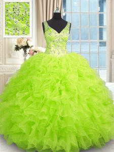 Ball Gowns Organza V-neck Sleeveless Beading and Ruffles Floor Length Zipper Quinceanera Dress