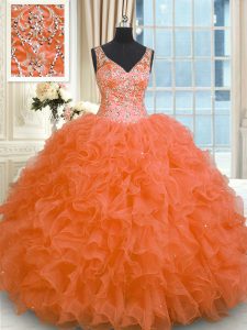 Extravagant Orange Red Sleeveless Floor Length Beading and Ruffles Zipper Sweet 16 Dresses