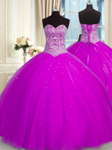 High Quality Sequins Floor Length Ball Gowns Sleeveless Fuchsia Quinceanera Gown Lace Up