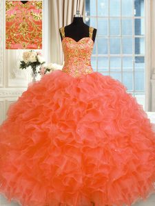 Orange Red Lace Up Straps Embroidery and Ruffles Sweet 16 Dress Organza Sleeveless