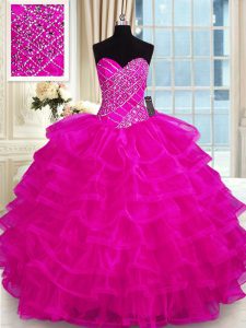 Fuchsia Ball Gowns Organza Sweetheart Sleeveless Beading and Ruffled Layers Floor Length Lace Up 15th Birthday Dress