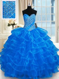 Noble Floor Length Blue Quinceanera Gown Organza Sleeveless Beading and Ruffled Layers