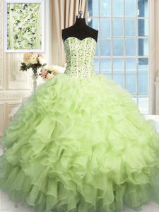 Floor Length Lace Up Quinceanera Dresses Yellow Green for Military Ball and Sweet 16 and Quinceanera with Beading and Ru