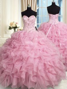 Decent Rose Pink Sleeveless Floor Length Beading and Ruffles Lace Up Sweet 16 Dresses