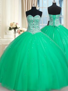 Comfortable Sleeveless Floor Length Beading and Sequins Lace Up Sweet 16 Dresses with Green