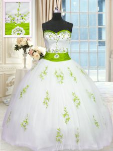 Excellent White Sweetheart Lace Up Appliques and Belt Quince Ball Gowns Sleeveless