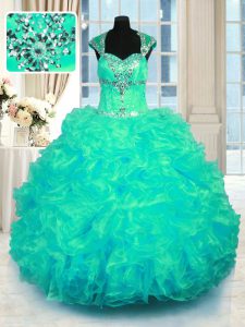 Cap Sleeves Floor Length Beading and Ruffles Lace Up Quinceanera Gowns with Turquoise