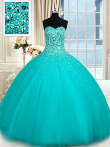 Aqua Blue Organza Lace Up Sweetheart Sleeveless Floor Length Quinceanera Gowns Beading