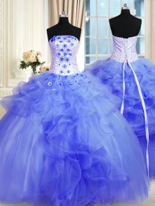 Strapless Sleeveless Quinceanera Gown Floor Length Pick Ups and Hand Made Flower Blue Tulle