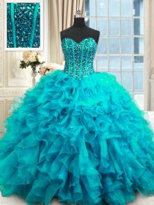 Sleeveless Lace Up Floor Length Beading and Ruffles and Sequins Quinceanera Gowns