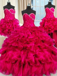 Four Piece Hot Pink Sleeveless Beading and Ruffles and Ruching Floor Length 15 Quinceanera Dress