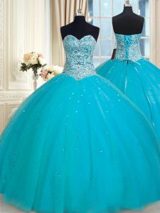 Dynamic Tulle Sweetheart Sleeveless Lace Up Beading and Sequins Sweet 16 Quinceanera Dress in Aqua Blue