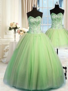 Three Piece Floor Length Yellow Green Ball Gown Prom Dress Sweetheart Sleeveless Lace Up