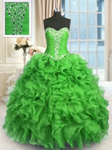 Dazzling Green Sleeveless Organza Lace Up Quince Ball Gowns for Military Ball and Sweet 16 and Quinceanera