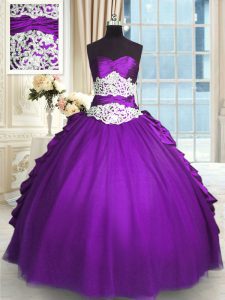 Custom Designed Purple Ball Gowns Beading and Lace and Ruching and Pick Ups Sweet 16 Dresses Lace Up Taffeta Sleeveless 