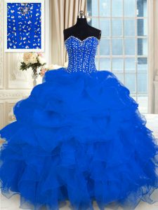 Customized Royal Blue Organza Lace Up Quinceanera Dresses Sleeveless Floor Length Beading and Ruffles