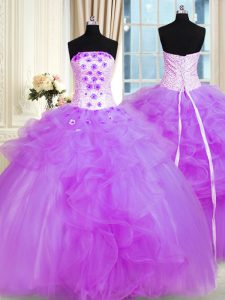 Pick Ups Strapless Sleeveless Lace Up Quinceanera Gowns Purple Tulle