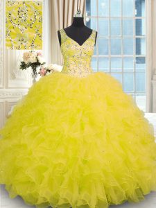 Best Selling Yellow V-neck Zipper Beading and Ruffles Quinceanera Dress Sleeveless