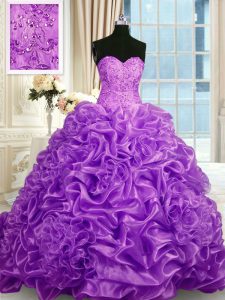 Exceptional Lace Up 15th Birthday Dress Fuchsia for Military Ball and Sweet 16 and Quinceanera with Beading and Pick Ups