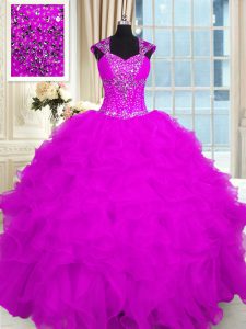 Inexpensive Fuchsia Lace Up Straps Beading and Ruffles Sweet 16 Dresses Organza Cap Sleeves