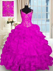 Perfect Fuchsia Ball Gowns Beading and Embroidery and Ruffles Sweet 16 Dresses Lace Up Organza Sleeveless