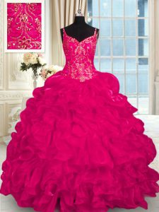Clearance Hot Pink Lace Up Spaghetti Straps Beading and Embroidery and Ruffles Quinceanera Dress Organza Sleeveless Brus