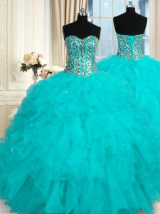 Baby Blue Sleeveless Beading and Ruffles Floor Length Ball Gown Prom Dress
