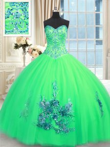 Customized Turquoise Tulle Lace Up 15 Quinceanera Dress Sleeveless Floor Length Beading and Appliques and Embroidery